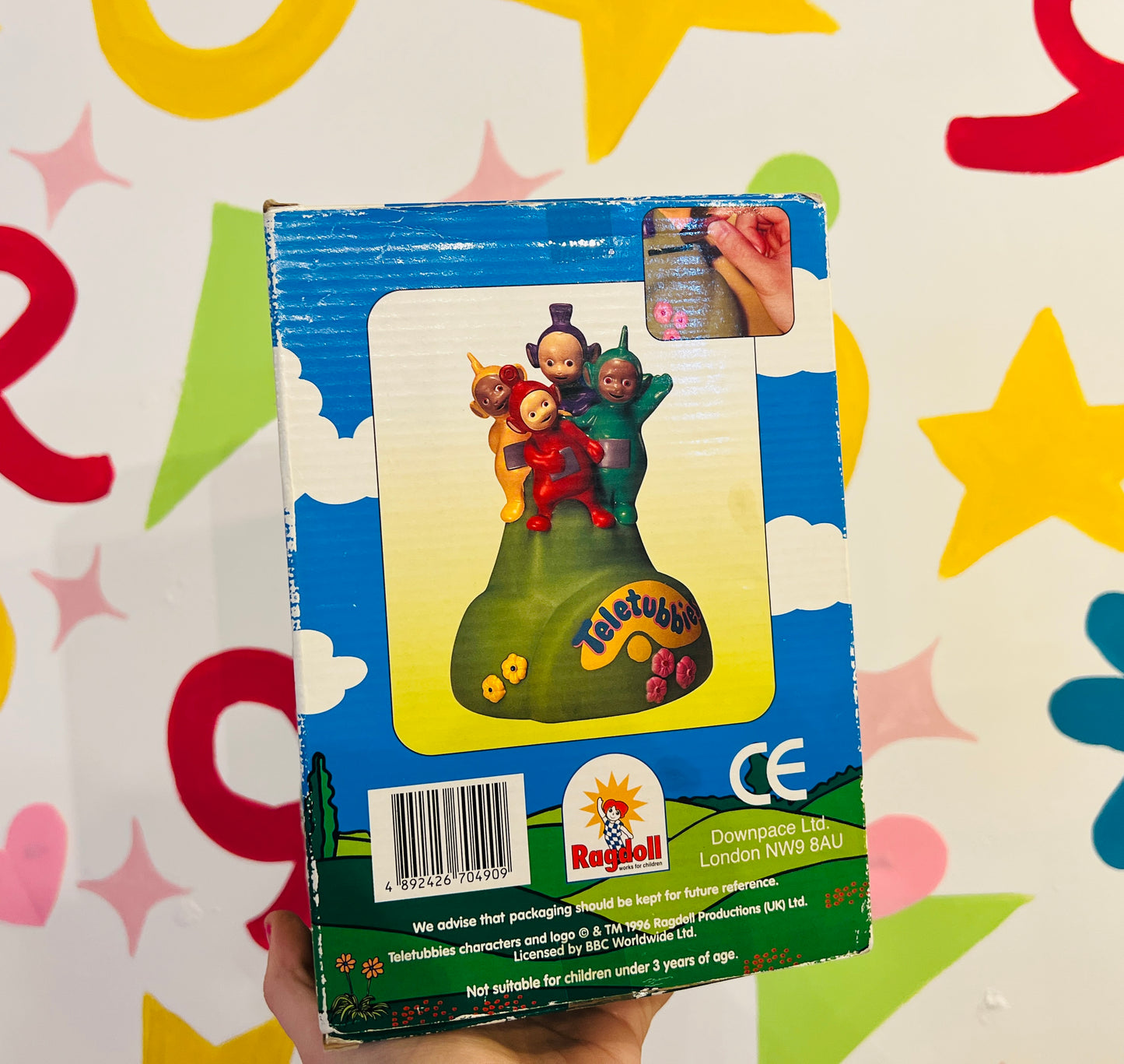 1996 Teletubbies money box with packaging (missing stopper)