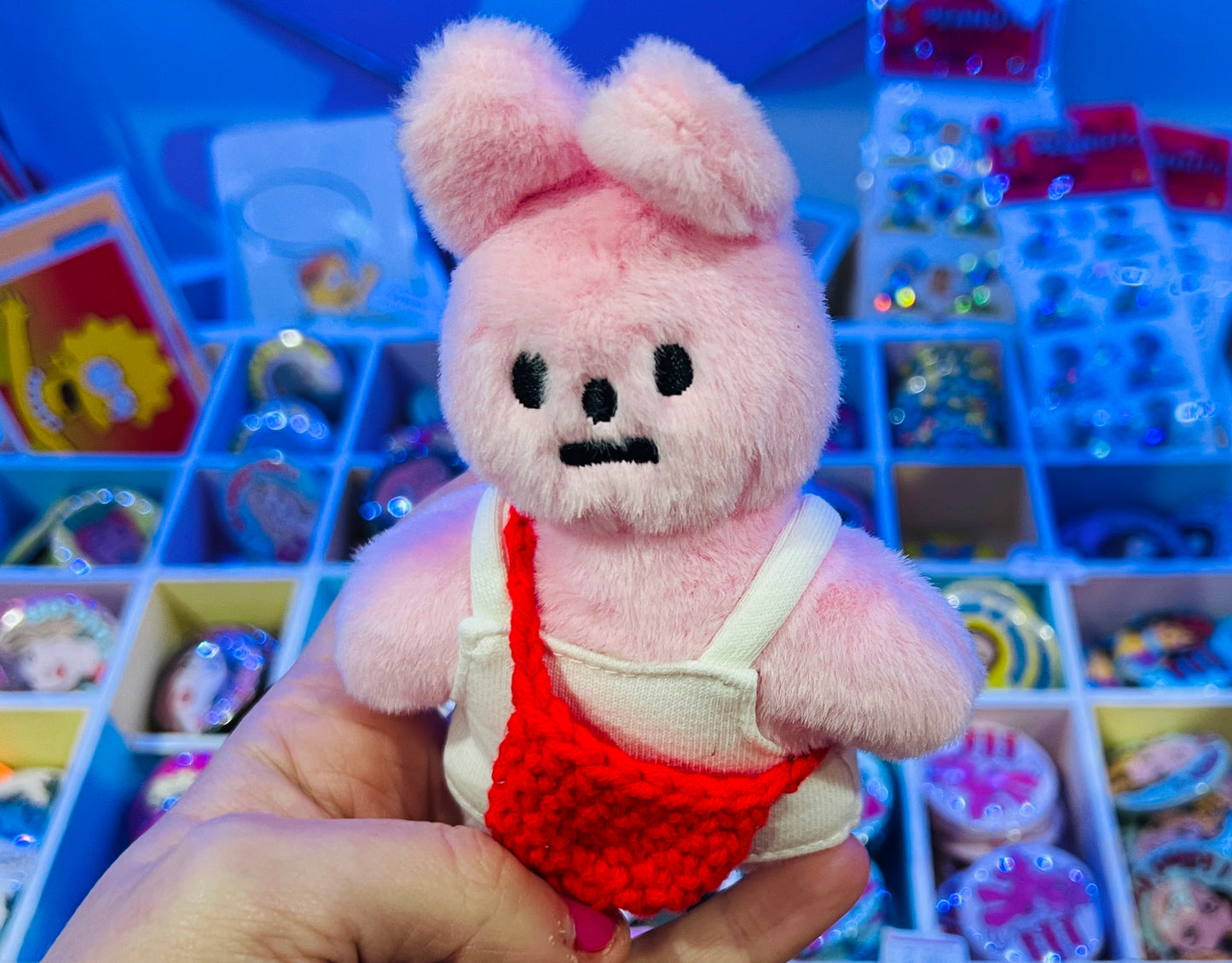 Pink rabbit RED bag plushie keyring - comes with stickers!