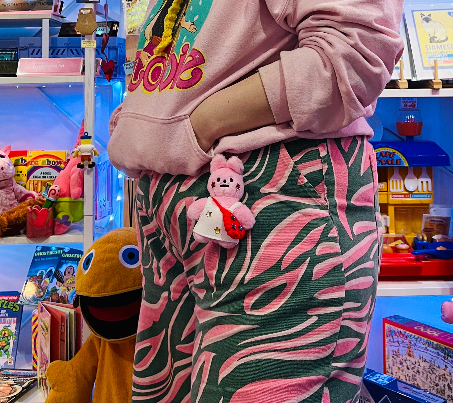 Pink rabbit BLUE bag plushie keyring - comes with stickers!