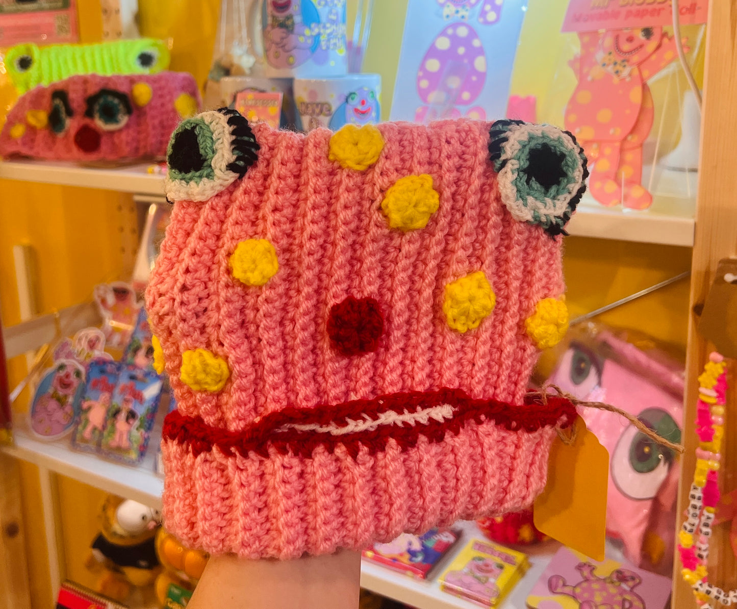 Adult Mr Blobby themed handmade crocheted hat