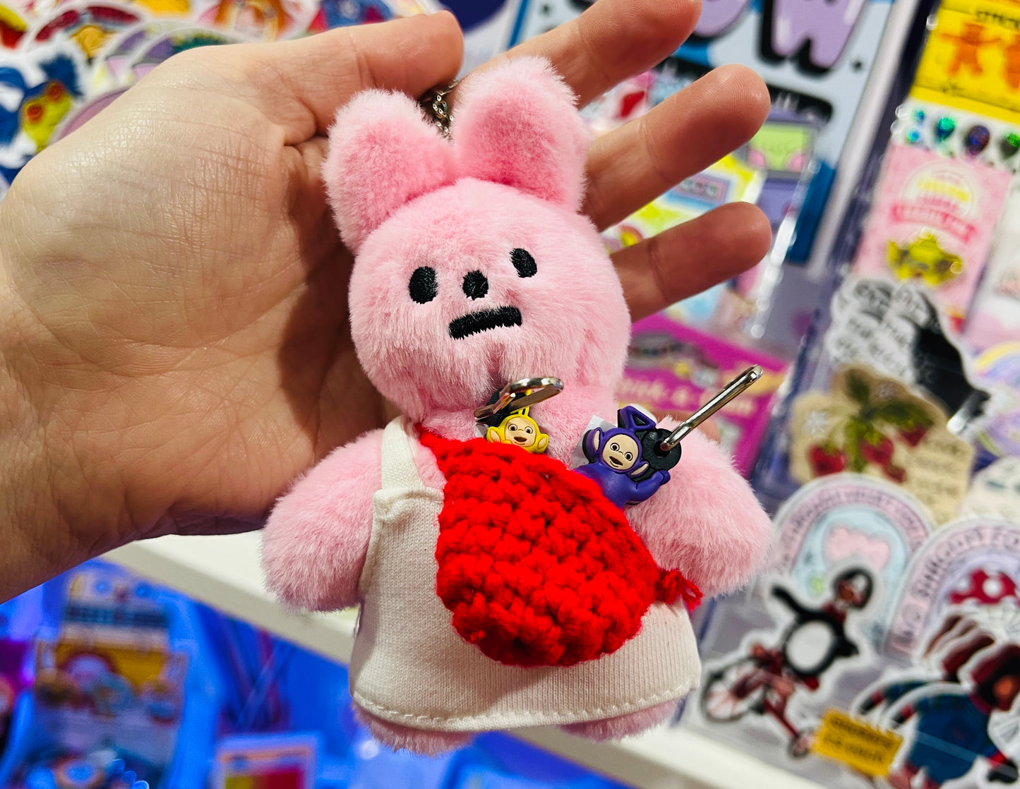 Pink rabbit plushie keyring - comes with stickers!