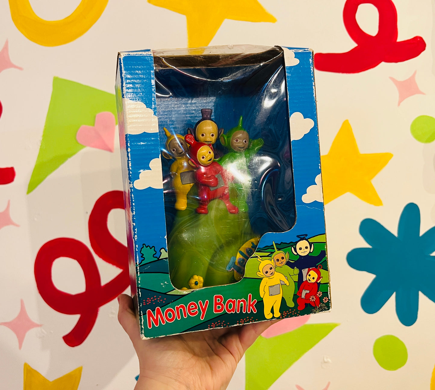 1996 Teletubbies money box with packaging (missing stopper)