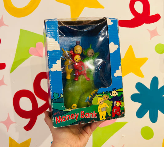 1996 Teletubbies money box with packaging (missing stopper)