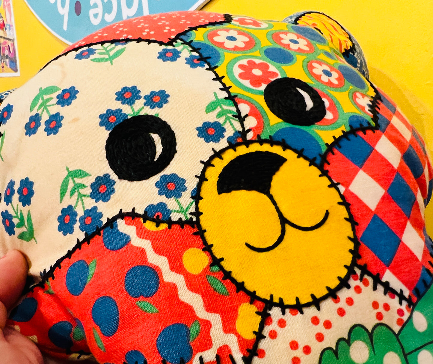 80’s patchwork style handmade plush cat cushion