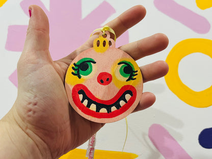 Hand painted Mr Blobby inspired wooden bauble