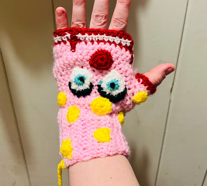 Mr Blobby themed crocheted gloves on a string