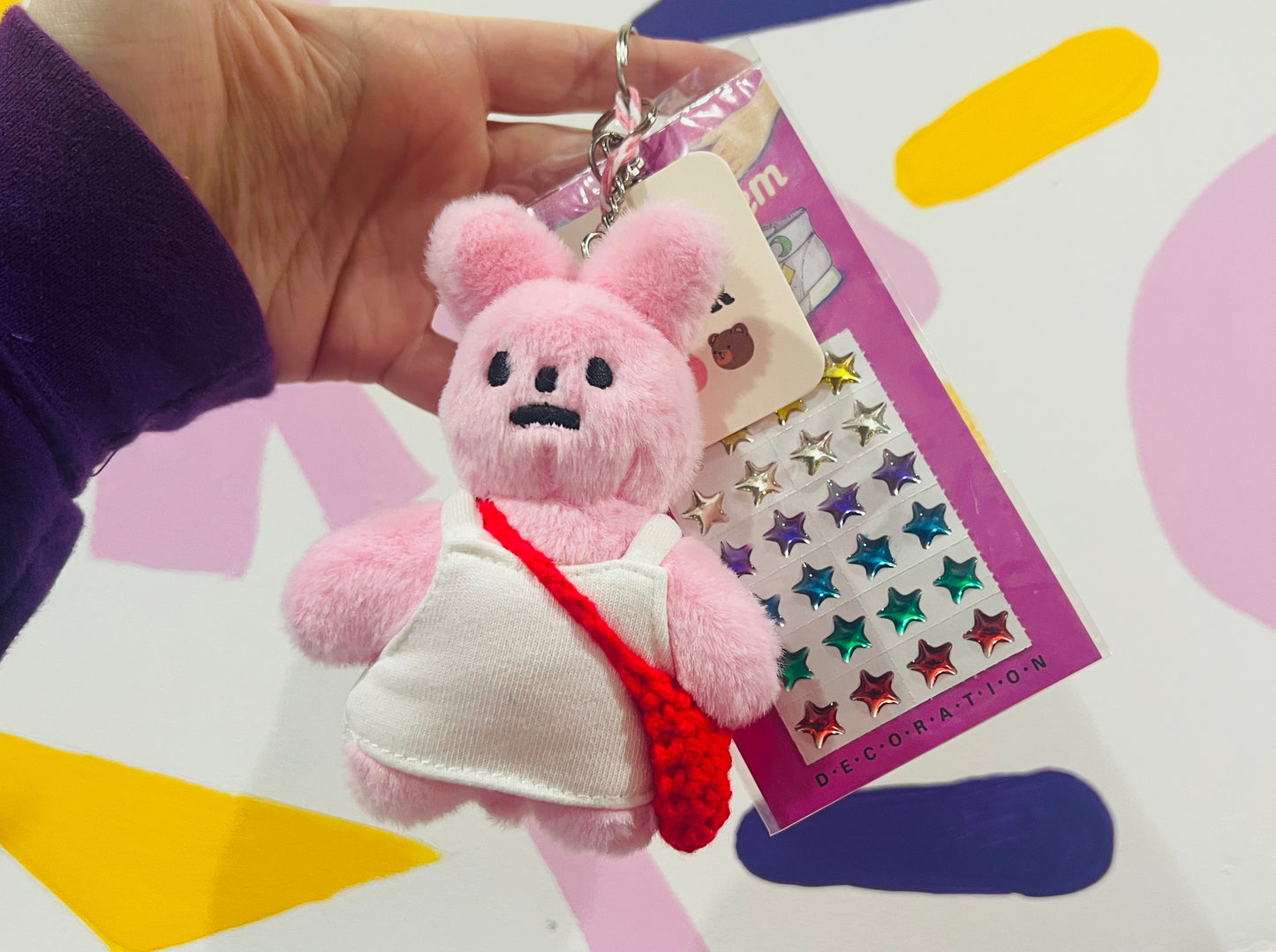 Pink rabbit plushie keyring - comes with stickers!