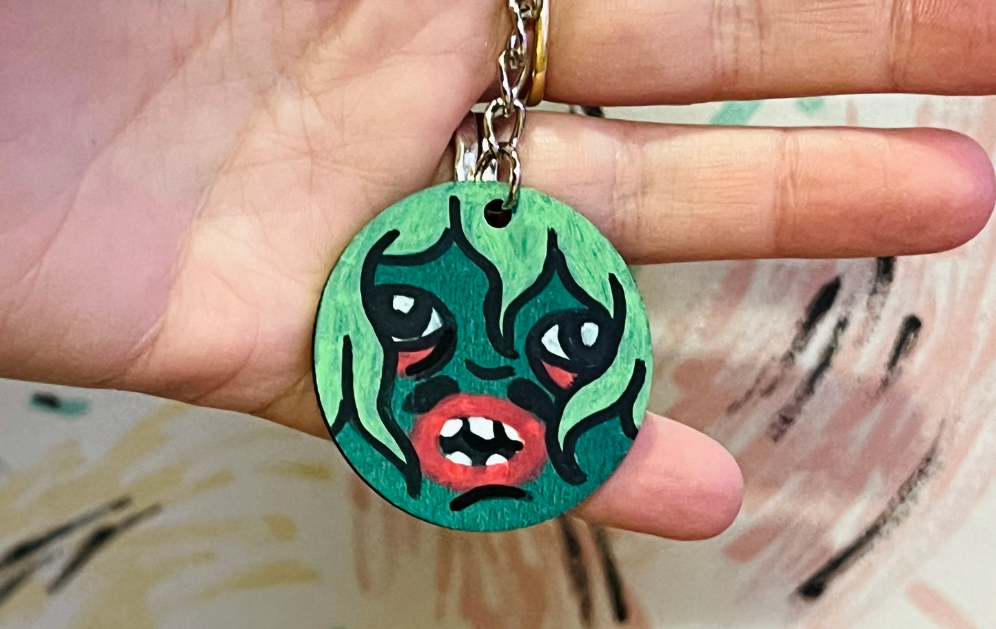 Hand painted Old Gregg inspired wooden 4cm keyring