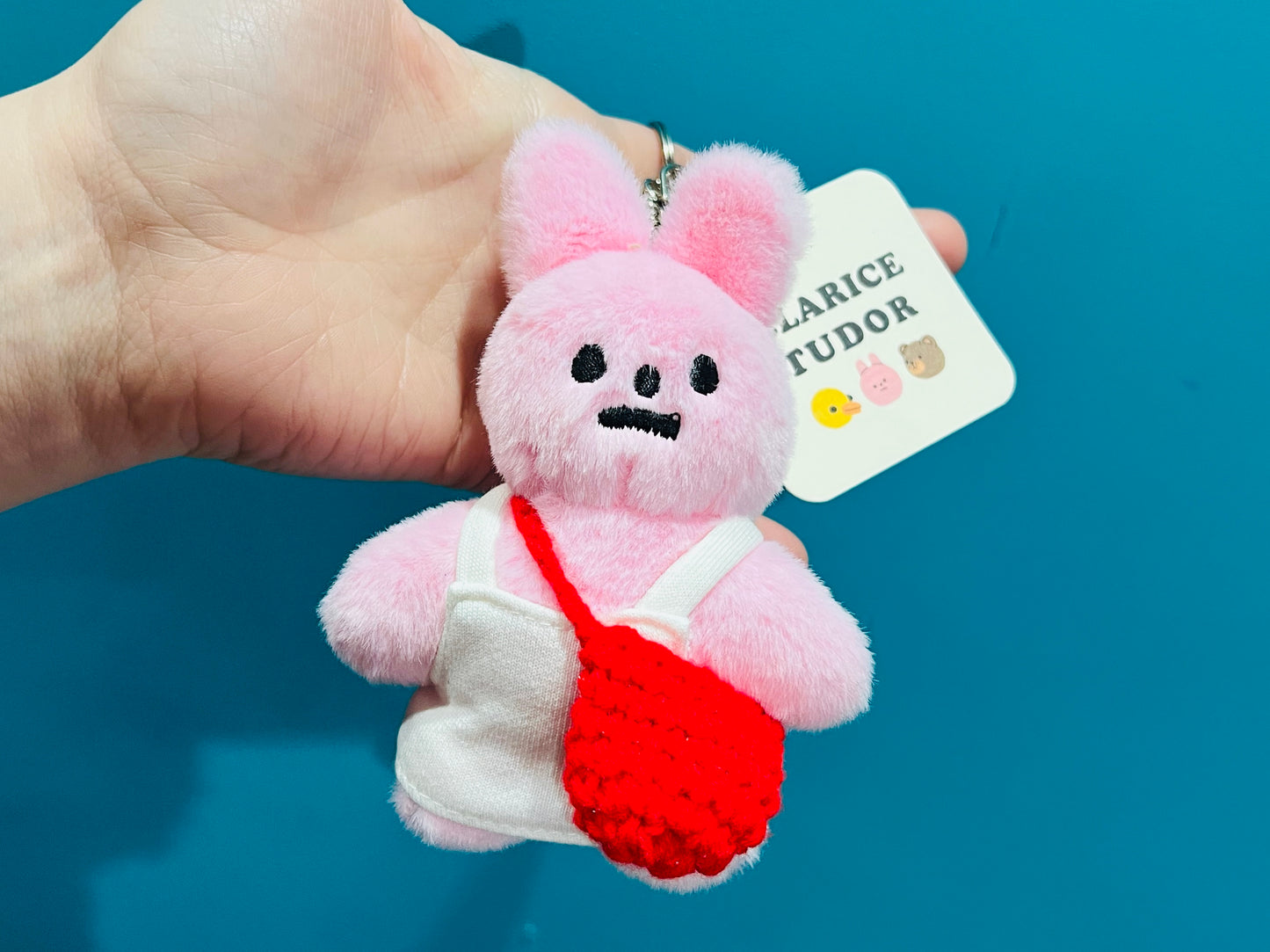 Pink rabbit plushie keyring - comes with stickers!