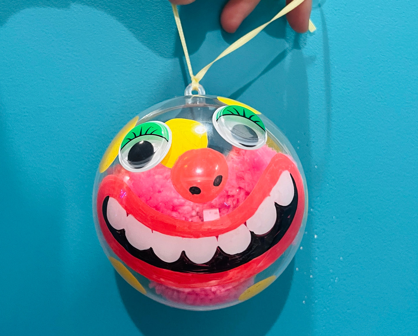 Giant hand painted Mr Blobby inspired Pom Pom bauble