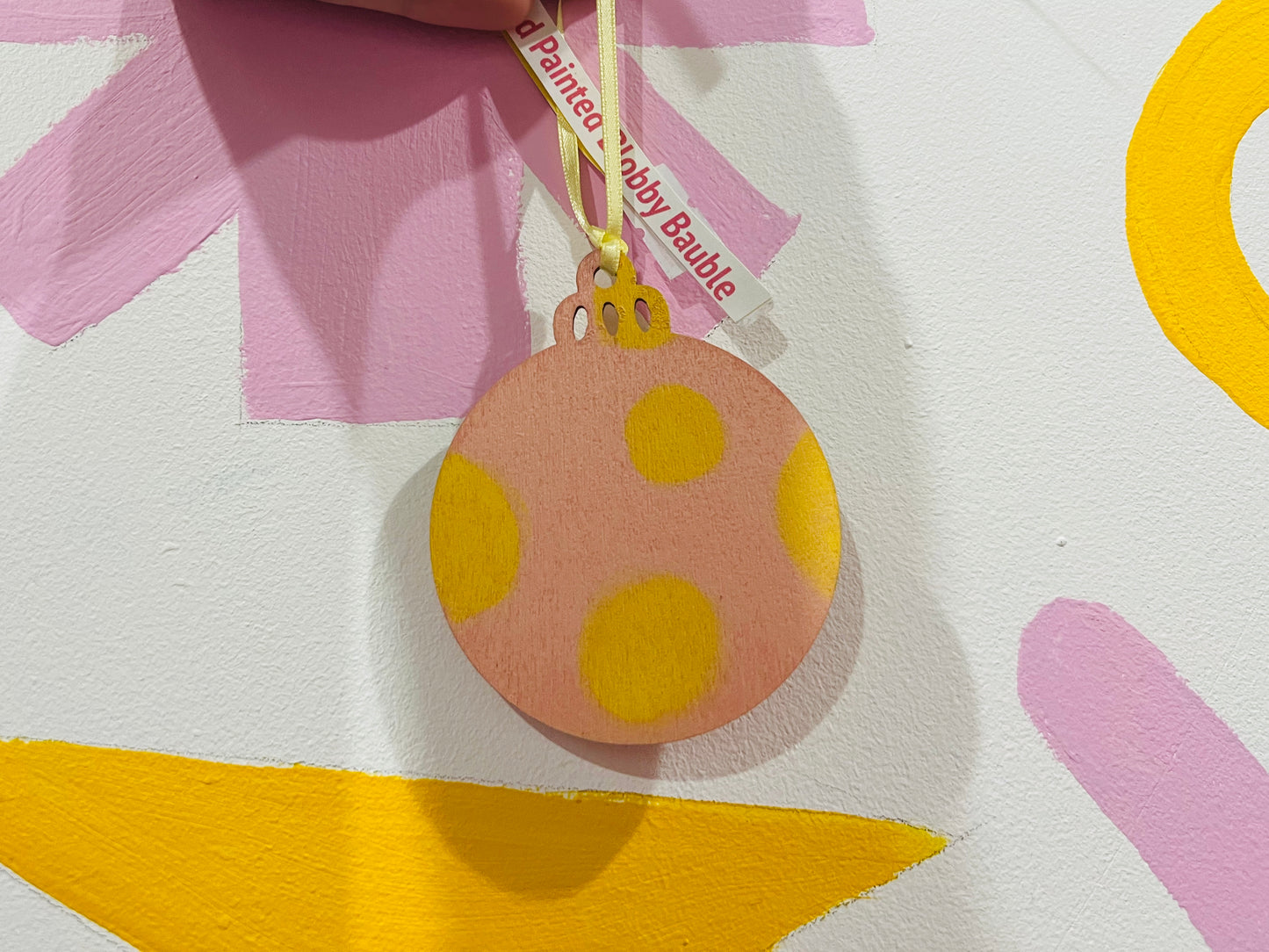 Hand painted Mr Blobby inspired wooden bauble