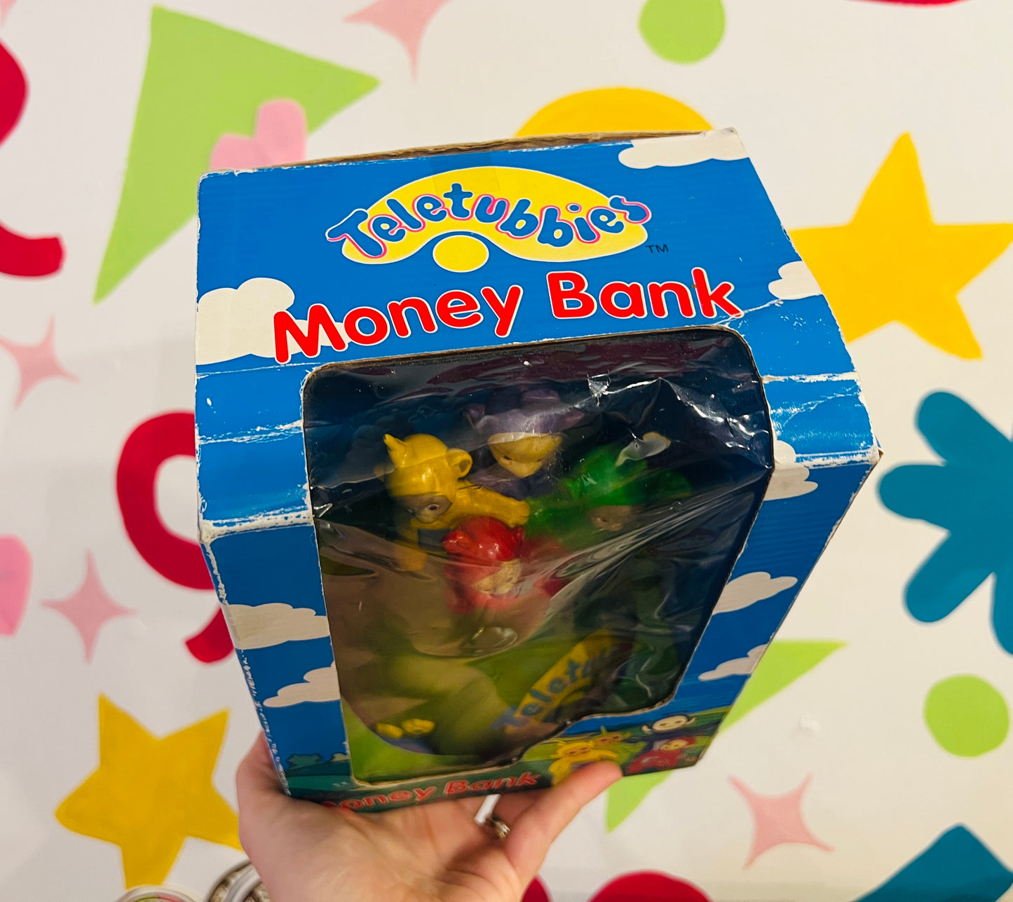 1996 Teletubbies money box with packaging (missing stopper)