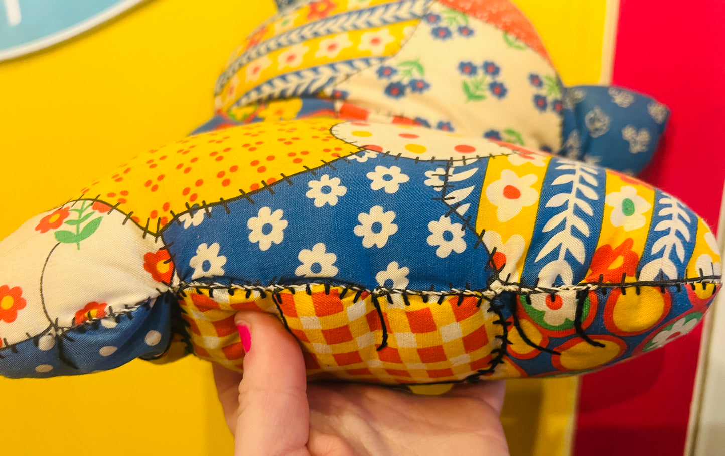 80’s patchwork style handmade plush cat cushion