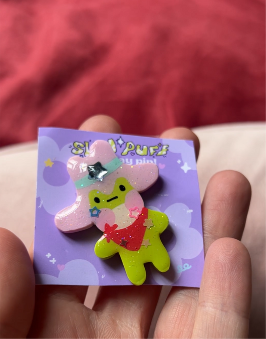 Cowboy Frog Clay Pin badge