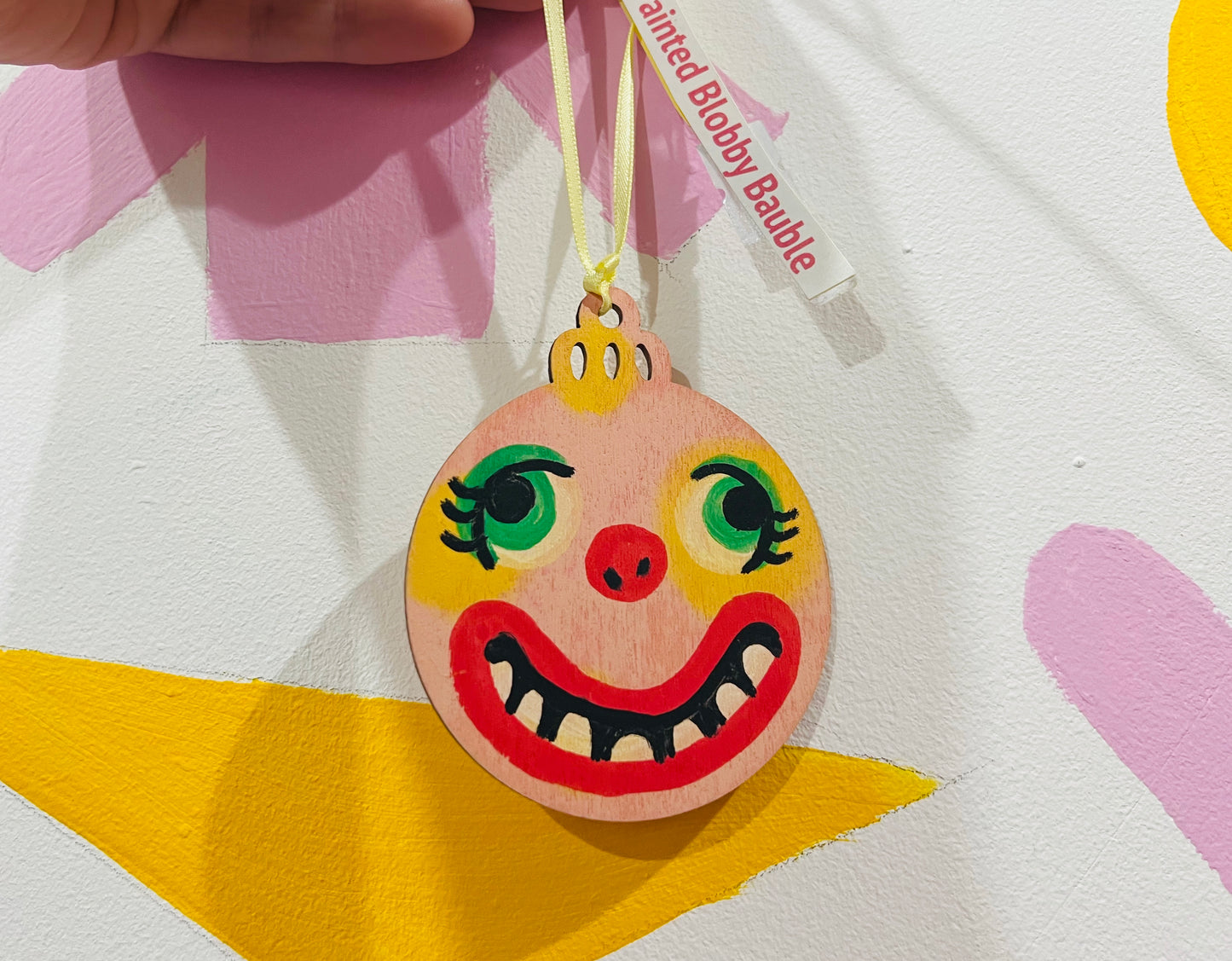 Hand painted Mr Blobby inspired wooden bauble