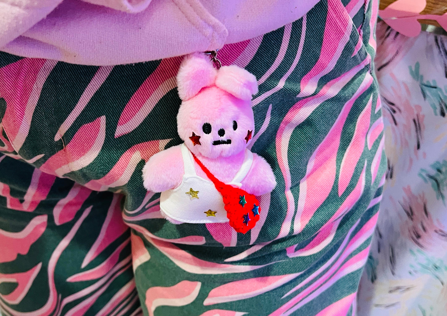 Pink rabbit plushie keyring - comes with stickers!