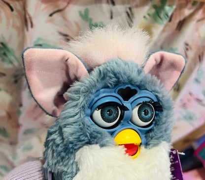 Vintage 1998 Elephant blue & white Furby with seat - moves but is voiceless