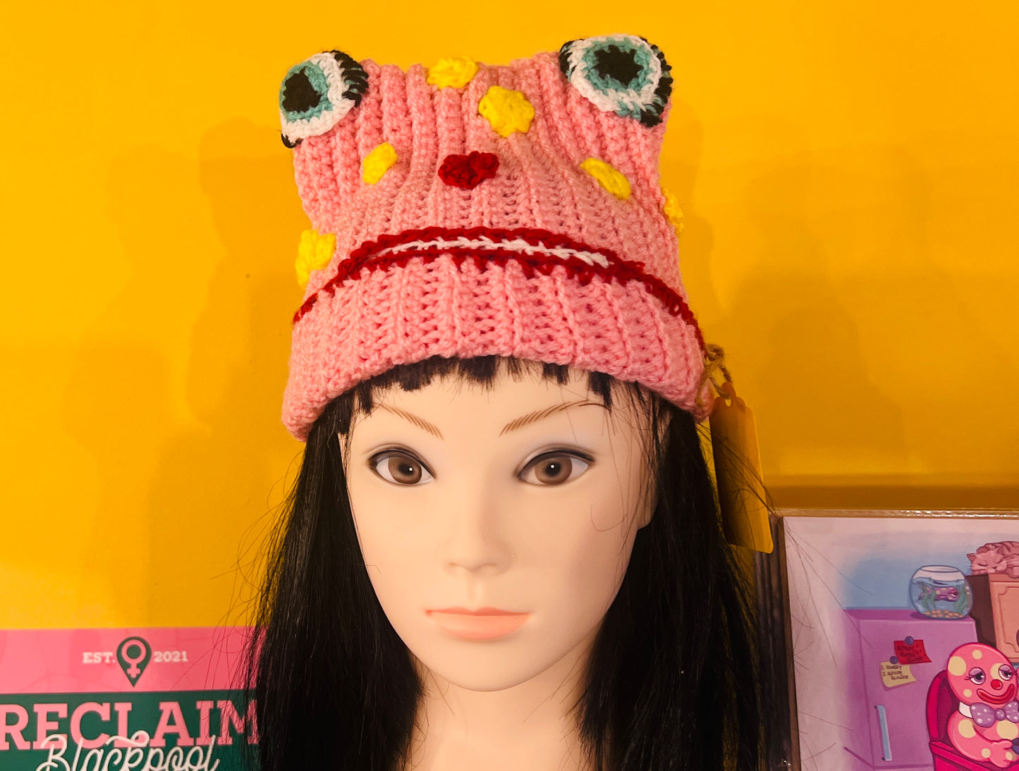 Adult Mr Blobby themed handmade crocheted hat