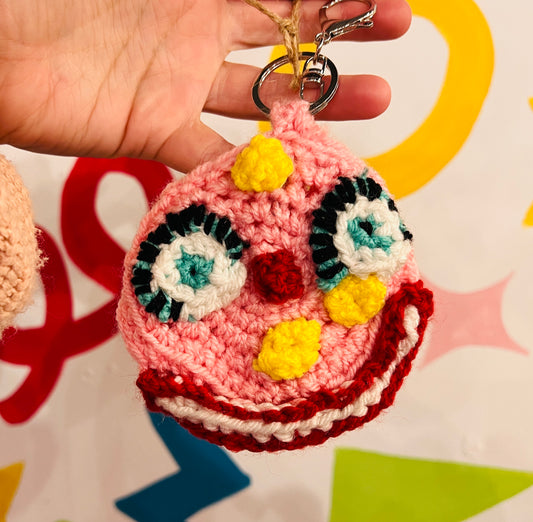 Mr Blobby themed crocheted keyring pouch