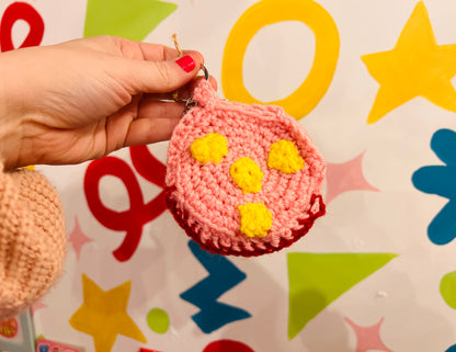 Mr Blobby themed crocheted keyring pouch