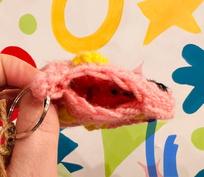 Mr Blobby themed crocheted keyring pouch