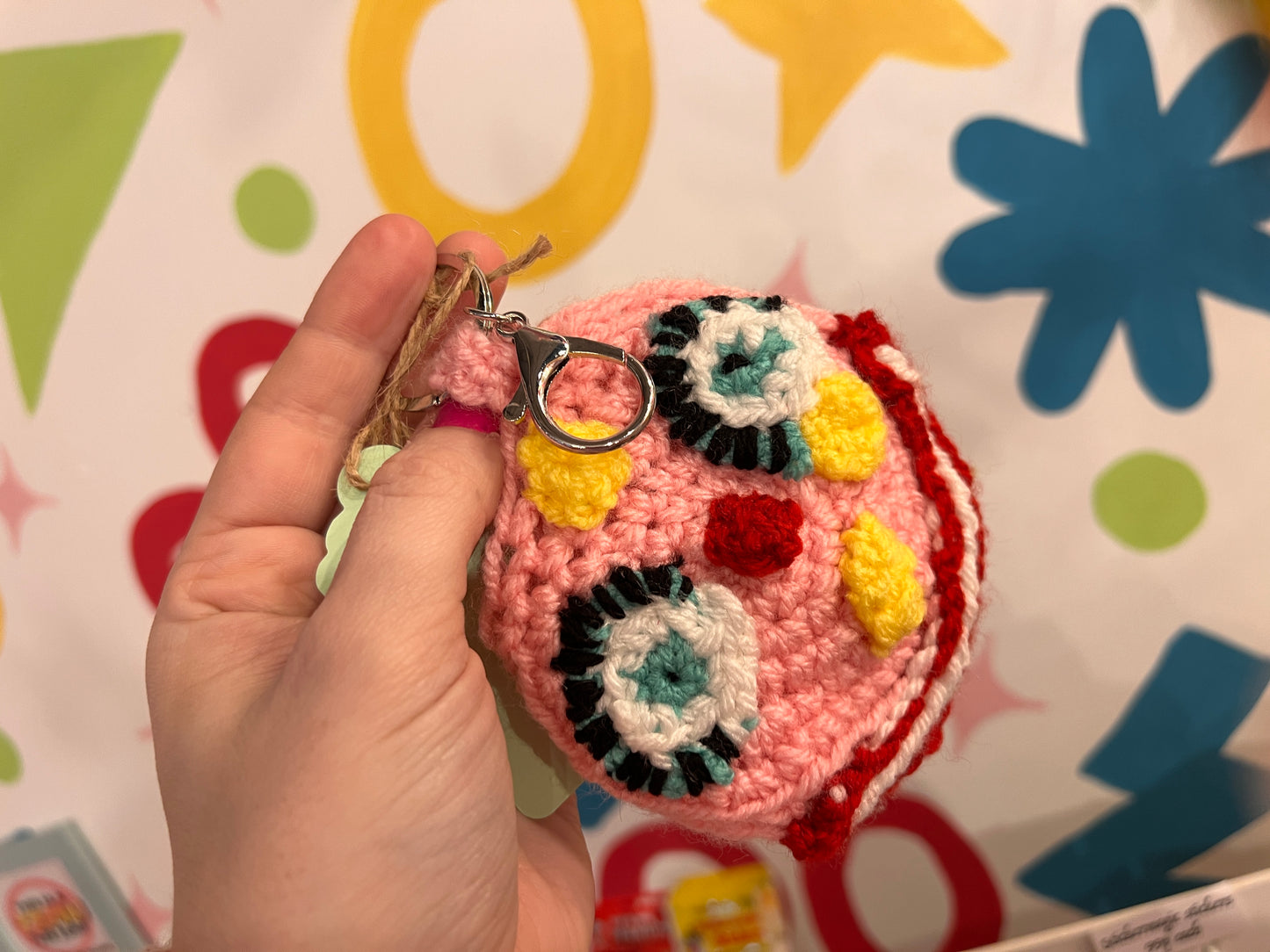Mr Blobby themed crocheted keyring pouch