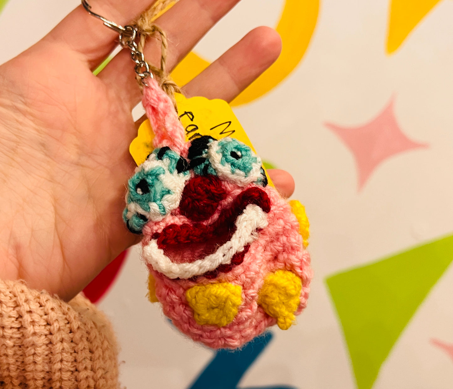 Mr Blobby themed crocheted keyring pouch for earphones