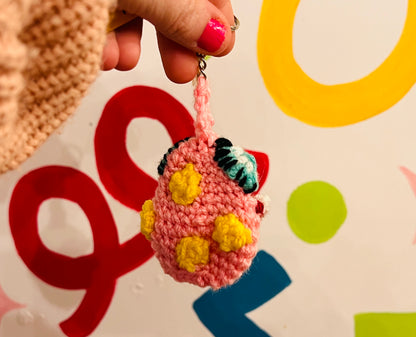 Mr Blobby themed crocheted keyring pouch for earphones