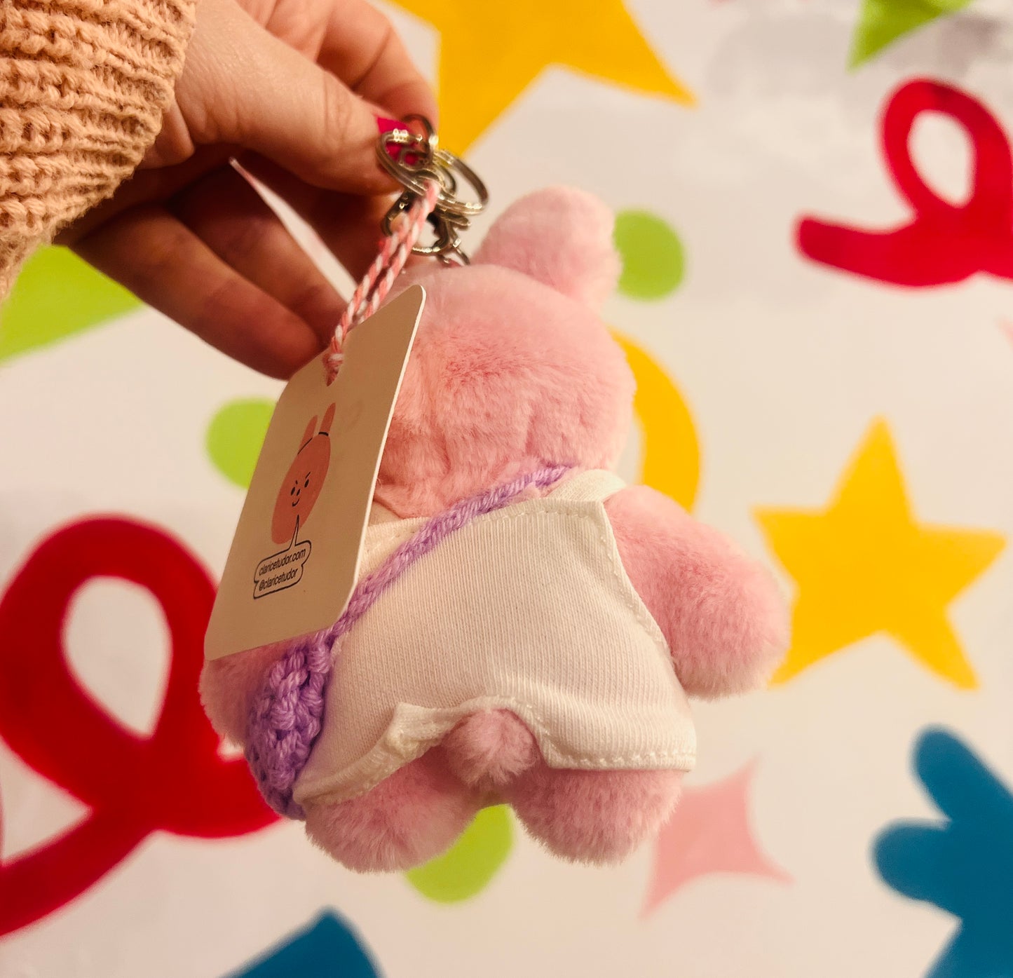 Pink rabbit BLUE bag plushie keyring - comes with stickers!