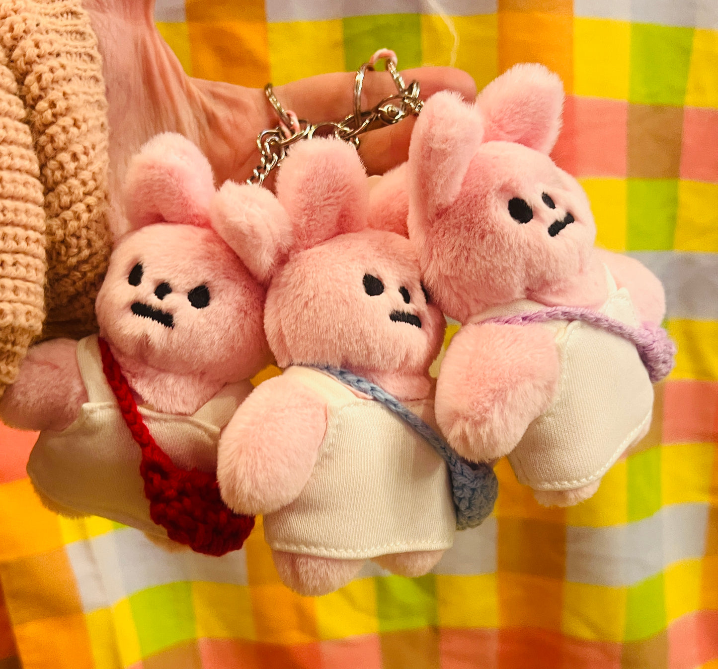 Pink rabbit BLUE bag plushie keyring - comes with stickers!