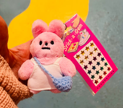 Pink rabbit BLUE bag plushie keyring - comes with stickers!