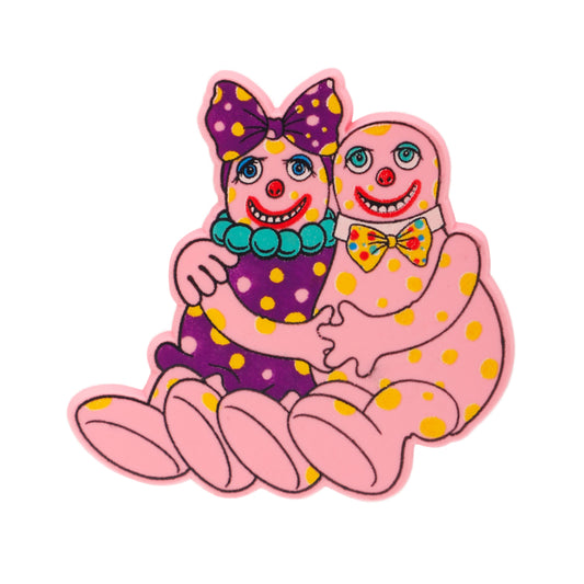 Official Mr Blobby 1992 Mrs Blobby cuddling pin brooch