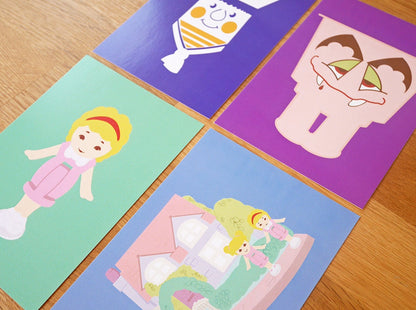 Pack of 4 90's Toy Inspired mini A6 Print/Postcard Set - retro, toy collectors, Polly Pocket, Matey, Fiendish Feet