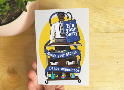 Severance inspired card - 'It's Your Party. Here's Your Music Experience'