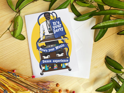 Severance inspired card - 'It's Your Party. Here's Your Music Experience'