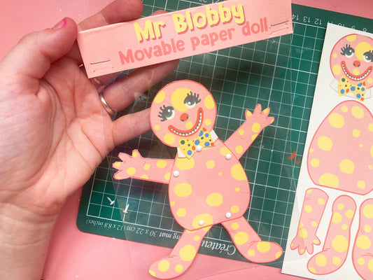 Mr Blobby 90's inspired movable paper doll - horror, craft, collectible toy, 1990's, Noel Edmonds, British, Humour, funny, Birthday gift