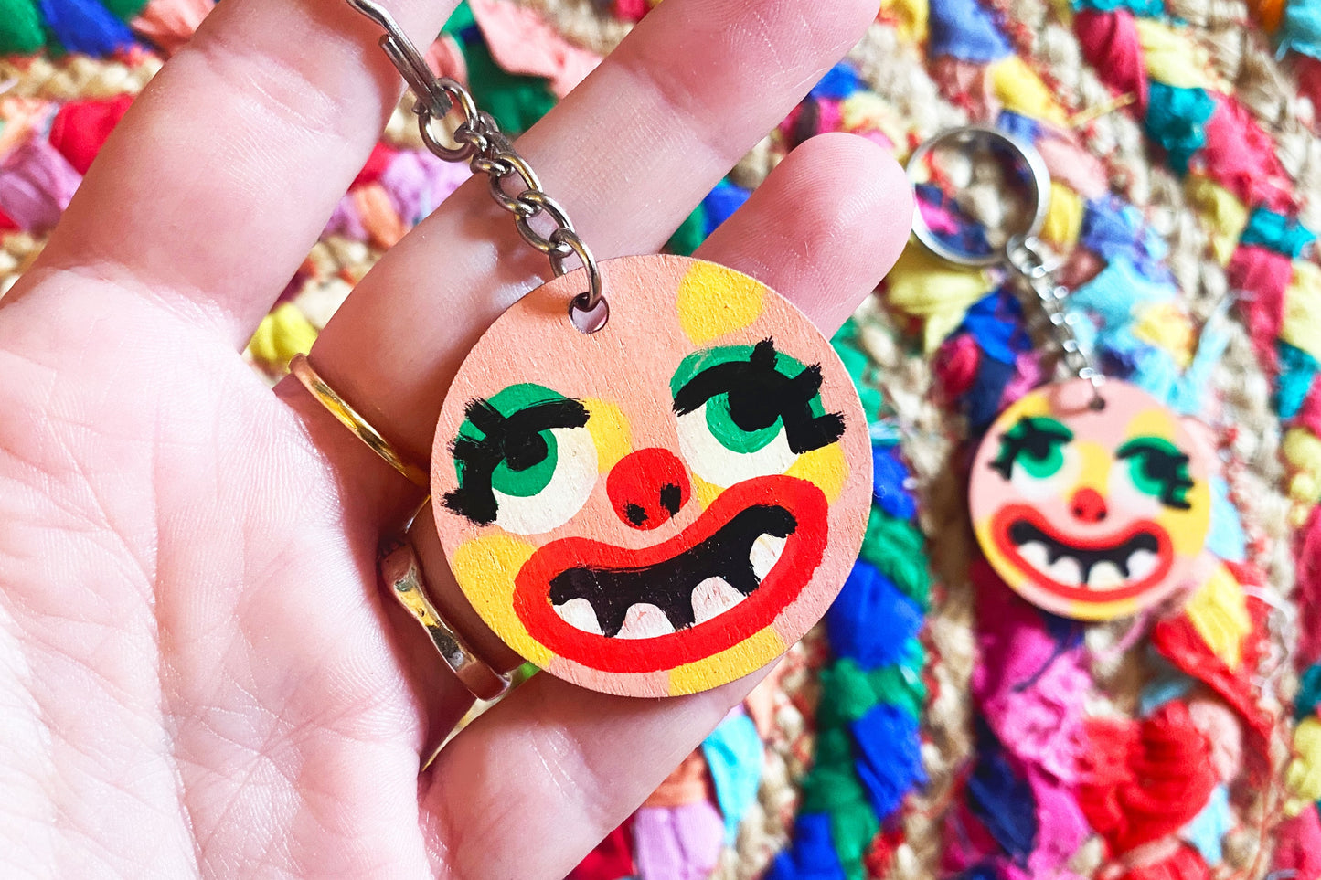 Hand painted Mr Blobby inspired wooden 4cm keyring