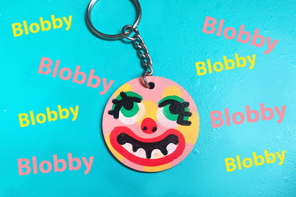 Hand painted Mr Blobby inspired wooden 4cm keyring