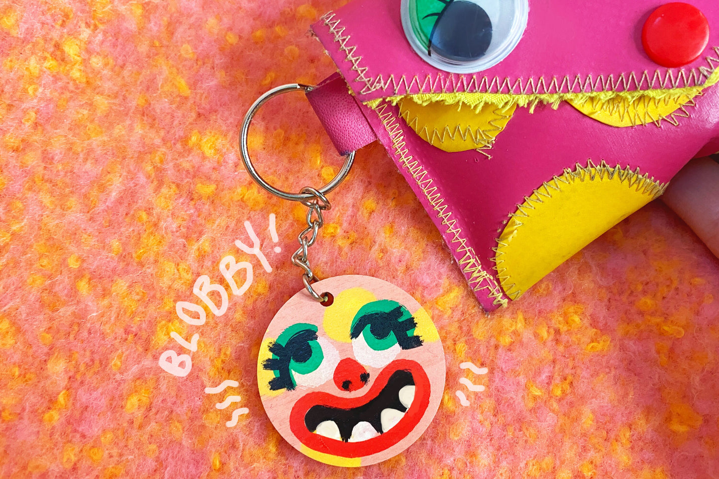 Hand painted Mr Blobby inspired wooden 4cm keyring