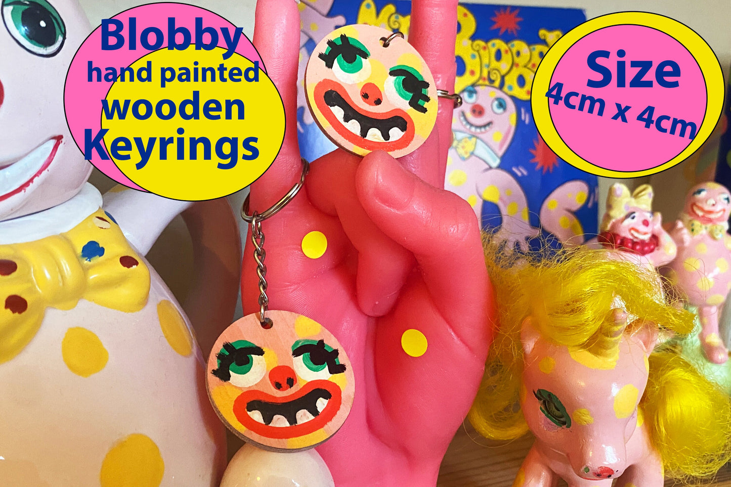 Hand painted Mr Blobby inspired wooden 4cm keyring