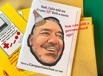 Bob Mortimer Train Guy inspired Birthday Card - Blank inside - Have a Campachoochooo me! - Personalised age -